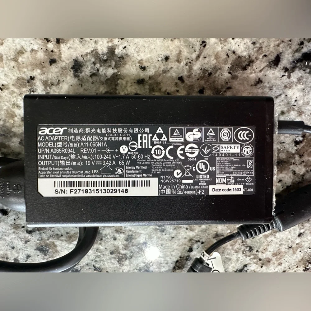 (1) 65W Genuine AC Adapter Acer Chromebook 15 C910 CB3 A11-065N1A PA-1650-86AW